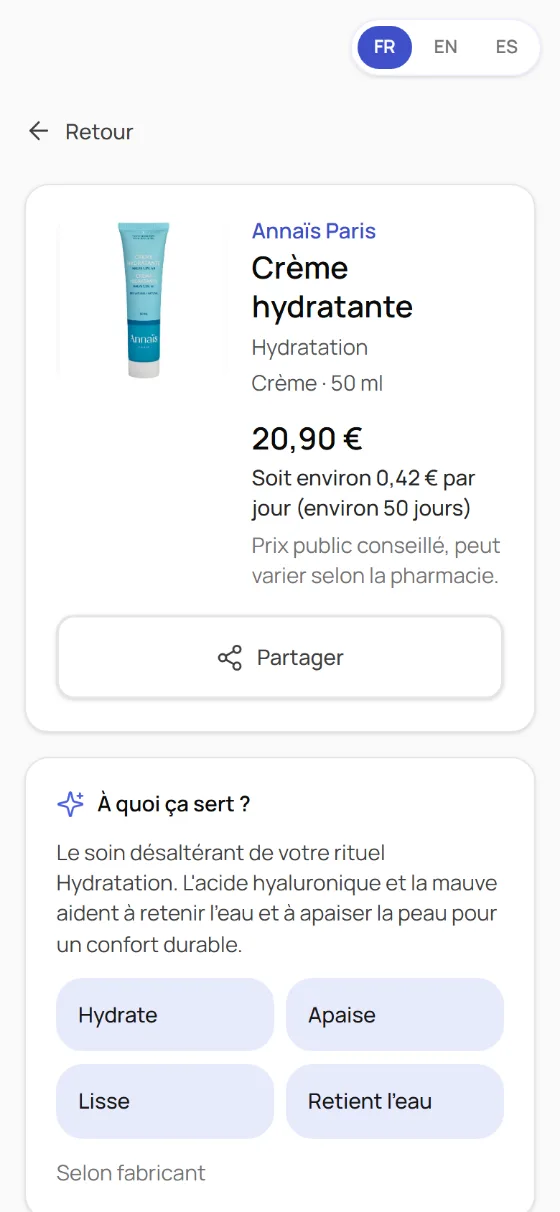 Téléphone affichant une fiche produit OFFY : la marque, le nom du produit, puis la rubrique « À quoi ça sert ? »
