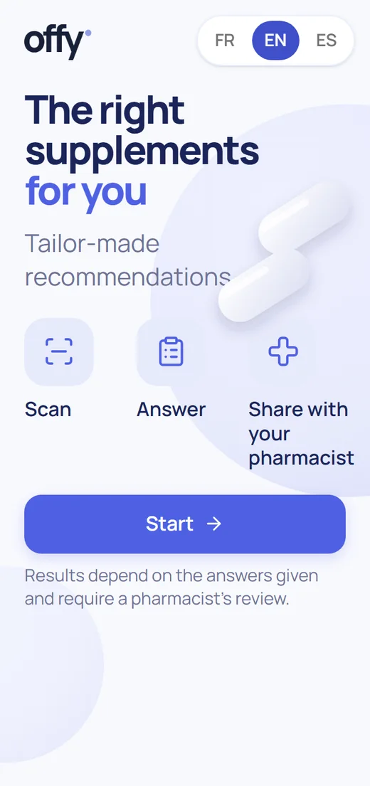 Home screen of the supplements journey: The supplements that suit you, with three steps and the Start button