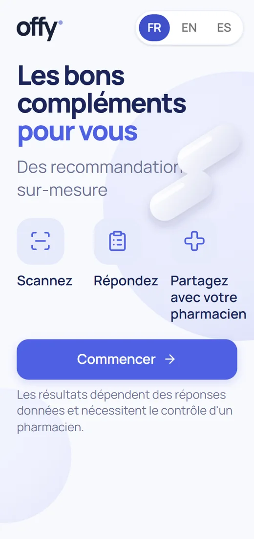 Écran d’accueil du parcours compléments : Les compléments adaptés pour vous, avec trois étapes et le bouton Commencer