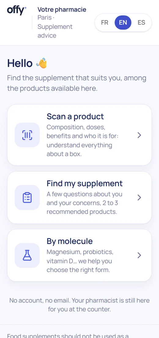 Real screen of the supplements journey after pressing Start: three ways to find a supplement (scan a product, find my supplement, by molecule)
