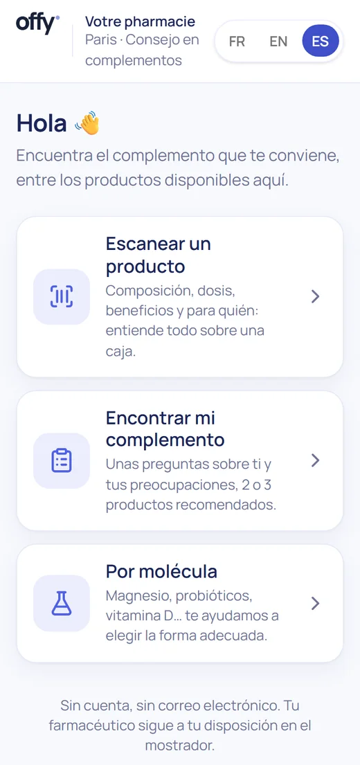 Pantalla real del recorrido de complementos tras pulsar Comenzar: tres formas de encontrar un complemento (escanear un producto, encontrar mi complemento, por molécula)