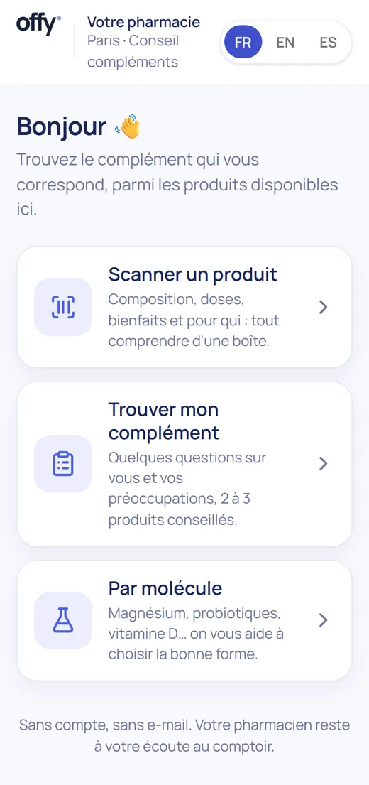 Écran réel du parcours compléments après avoir appuyé sur Commencer : trois façons de trouver un complément (scanner un produit, trouver mon complément, par molécule)