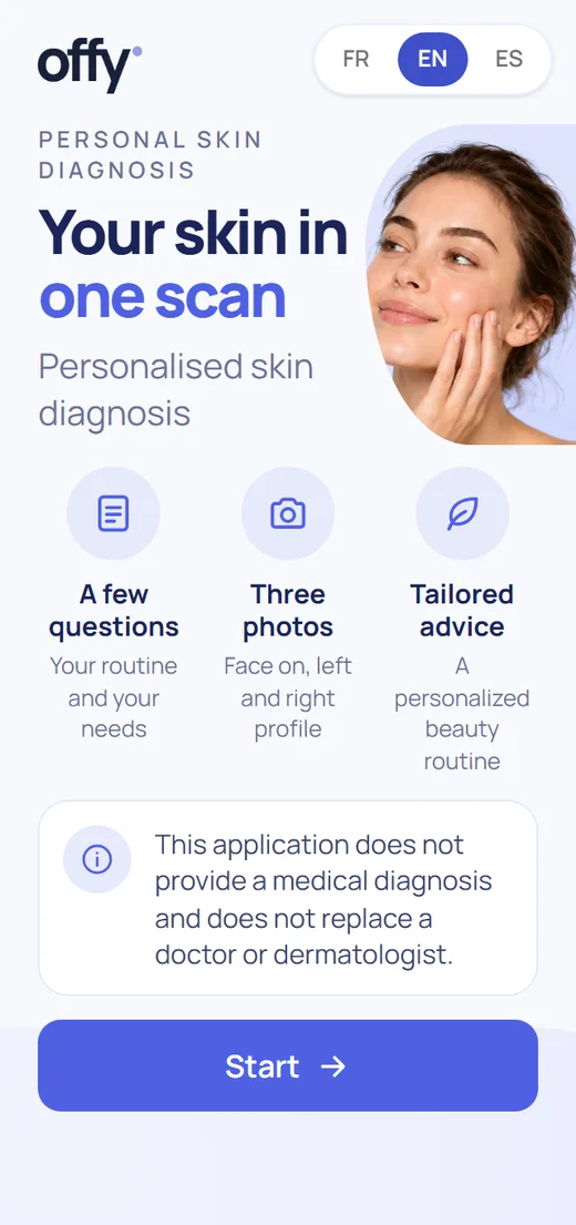 Home screen of the skin journey: Your skin in one scan, with three steps and the Start button