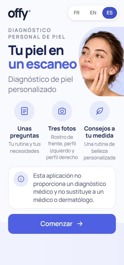 Pantalla de inicio del recorrido de piel: Su piel en un escaneo, con tres pasos y el botón Empezar
