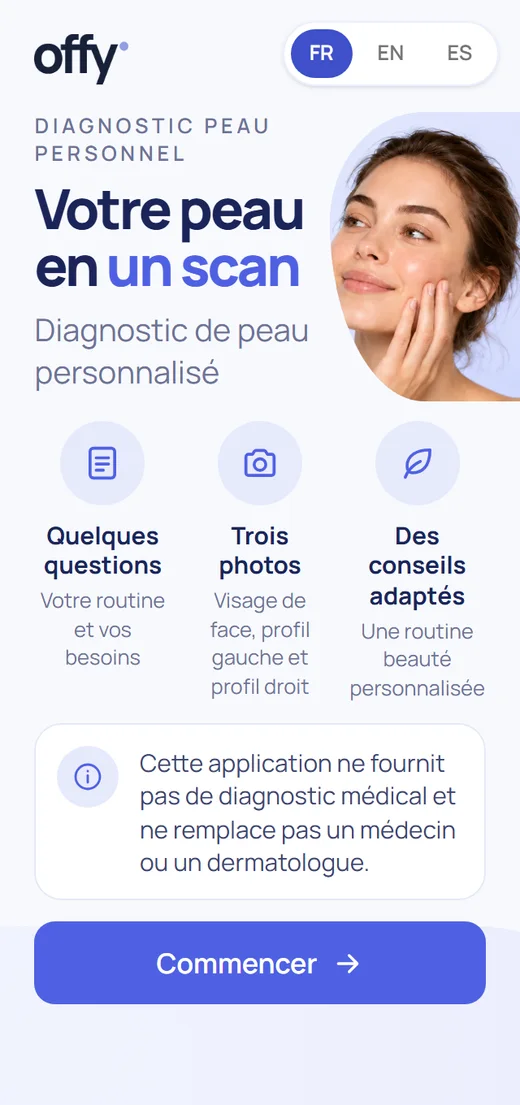 Écran d’accueil du parcours peau : Votre peau en un scan, avec trois étapes et le bouton Commencer