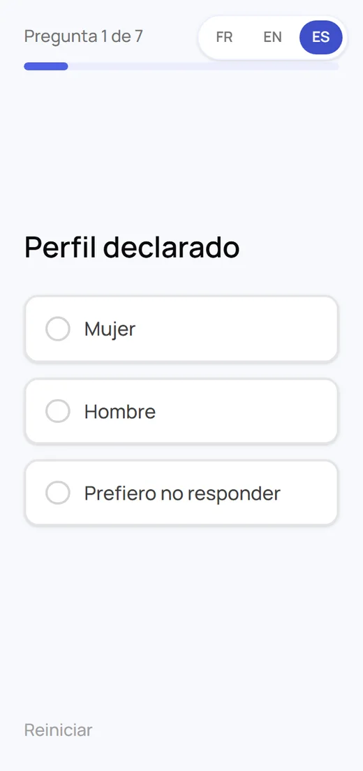 Pantalla real del recorrido de piel tras pulsar Comenzar: pregunta 1 de 7, con barra de progreso