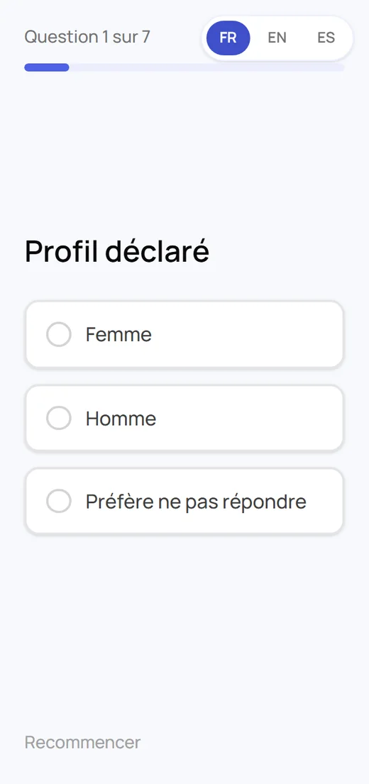 Écran réel du parcours peau après avoir appuyé sur Commencer : question 1 sur 7, avec barre de progression